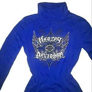 Harley-Davidson RARE Genuine Retro Vintage Royal Blue Long Sleeve Turtleneck Top
